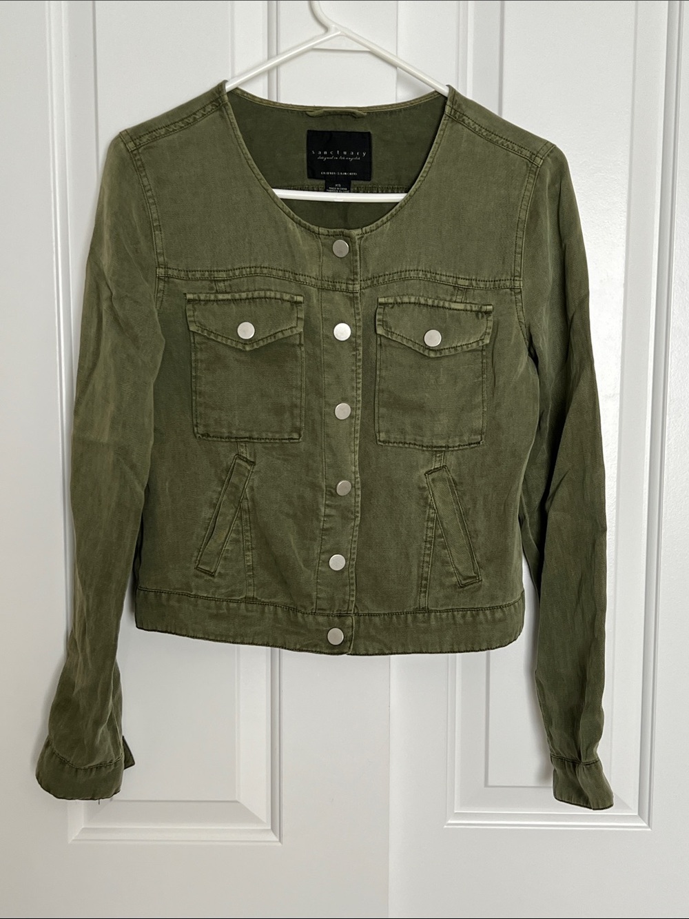 Sanctuary Olive Green Collarless Button-Front Jean Jacket
